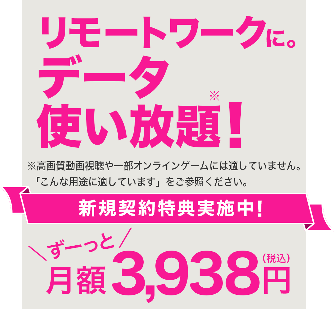 リモートワークに。データ使い放題！ずーっと、月額3,938円（税込）